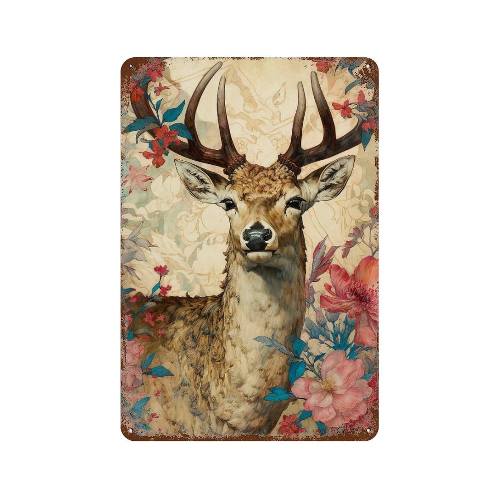 Deer with Flowers Rust Effect Tin Sign 11.8"x7.9", Industrial Home Decor for Basement, Hobby Room And Garage Decor