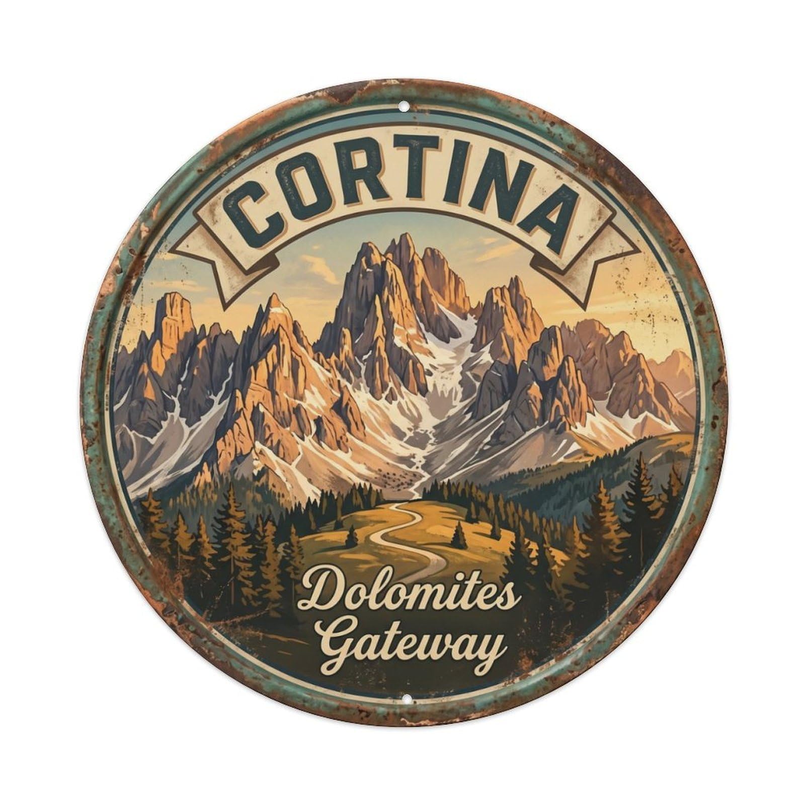 Vintage Travel Dolomites Cortina Italy Metal Tin Sign Plaque Wall Decor for Cafe, Club Bar, Office, Home Garden Round Metal Poster 8x8Inch