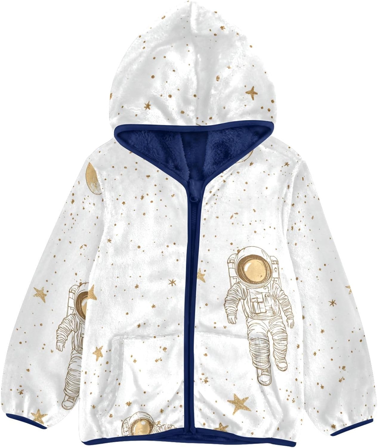 Cartoon Cute White Astronaut Planet Toddler Fleece Zip Up Children Plush Lined Navy Blue Trendy Baby Boys Clothes