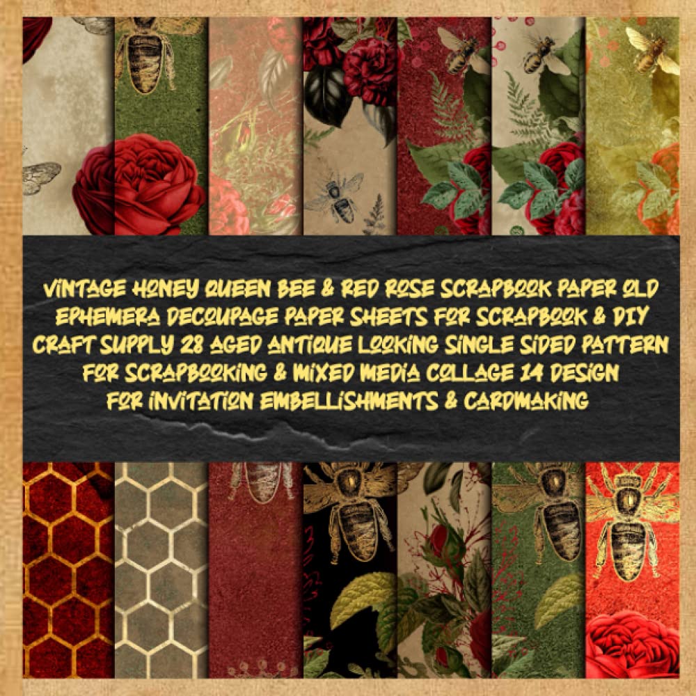 vintage honey queen bee & red rose scrapbook paper old ephemera decoupage paper sheets for scrapbook & DIY craft supply 28 aged antique looking single ... &cardmaking (busy bee the wonderfull insect)