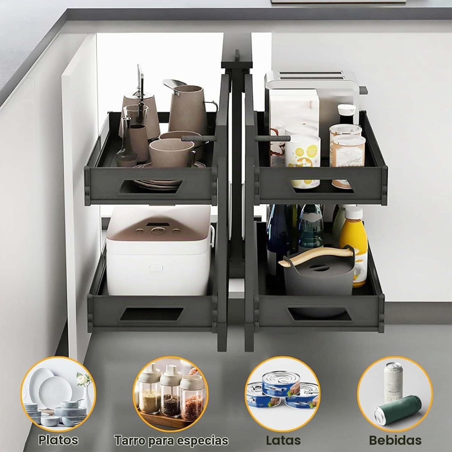 Organizador extraíble para gabinete de esquina ciega de cocina con 4 cestas, organizador de gabinete deslizante, organizador de almacenamiento extensible para gabinete de despensa 900