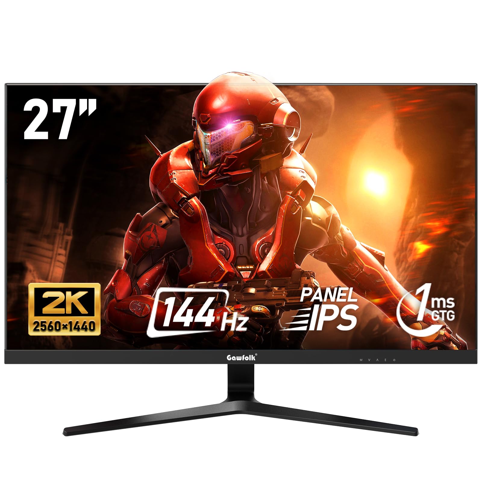 Gawfolk Monitor PC da gaming IPS, 27 pollici, 2K QHD (2560 x 1440P), 144 Hz, Bezel-less 1ms, 99% sRGB, grandangolo da 178°, HDMI, DisplayPort, compatibile con attacchi a parete VESA 100 x 100 mm, nero