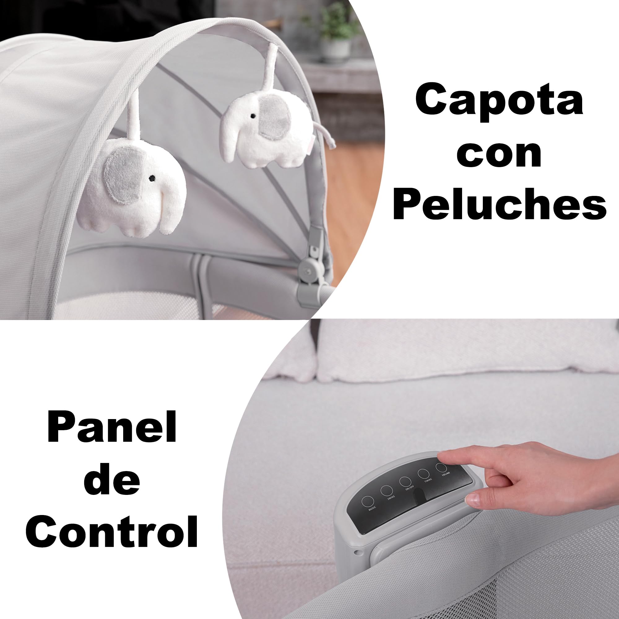 Olmitos Mini Cuna Multifuncional para Bebé 4 en 1: Moisés, Minicuna Colecho, Parque de Juegos | Colchón Lavable, Balanceo Automático, Conectividad Smart y Capota con Mosquitera (Gris Claro)