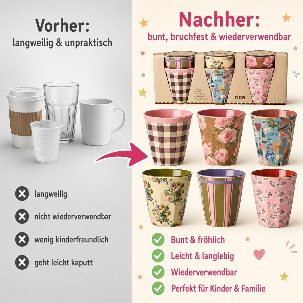 ReWu RICE Melaminbecher 6er Set Bon Vivant Design, 250 ml, bunt