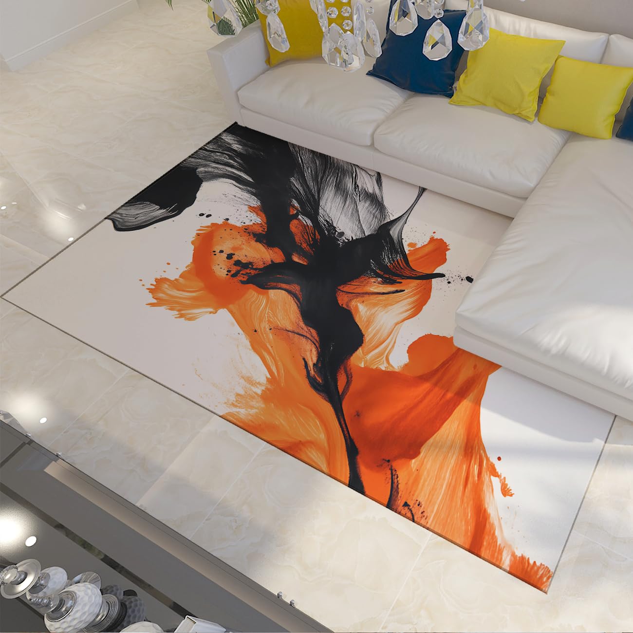 Waschbarer Teppich 80x150 Bereichsteppiche weich Kunstwolle für Wohnzimmer Schlafzimmer Esszimmer rutschfest faltbar Innen für Wohnkultur modern Aquarell Kunst Bodenmatte Schwarz Orange