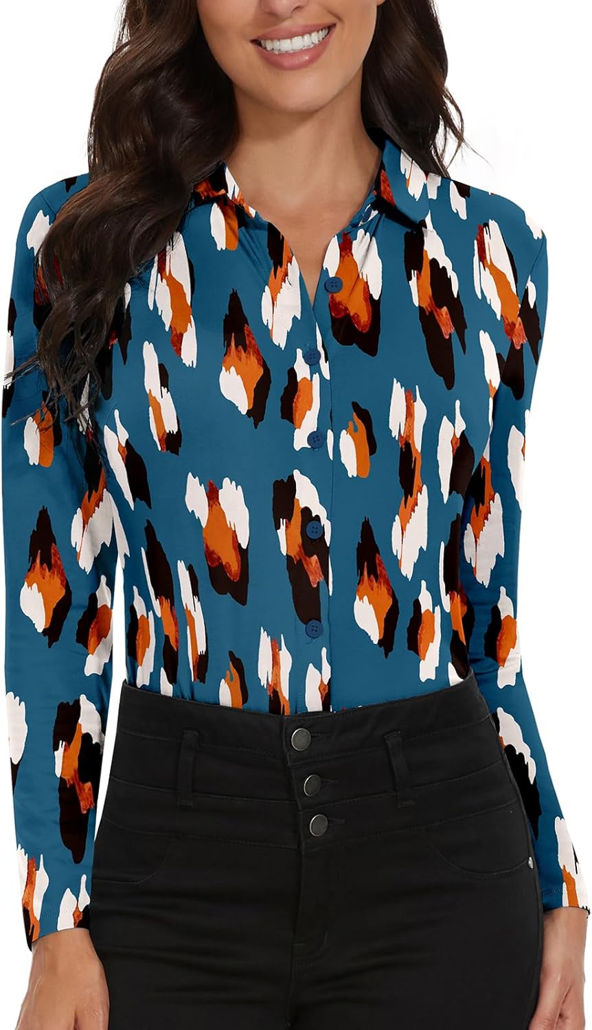 Soneven Womens Long Sleeve Golf Polo Shirt Button Down Shirt V Neck Collared Shirts Work Blouses