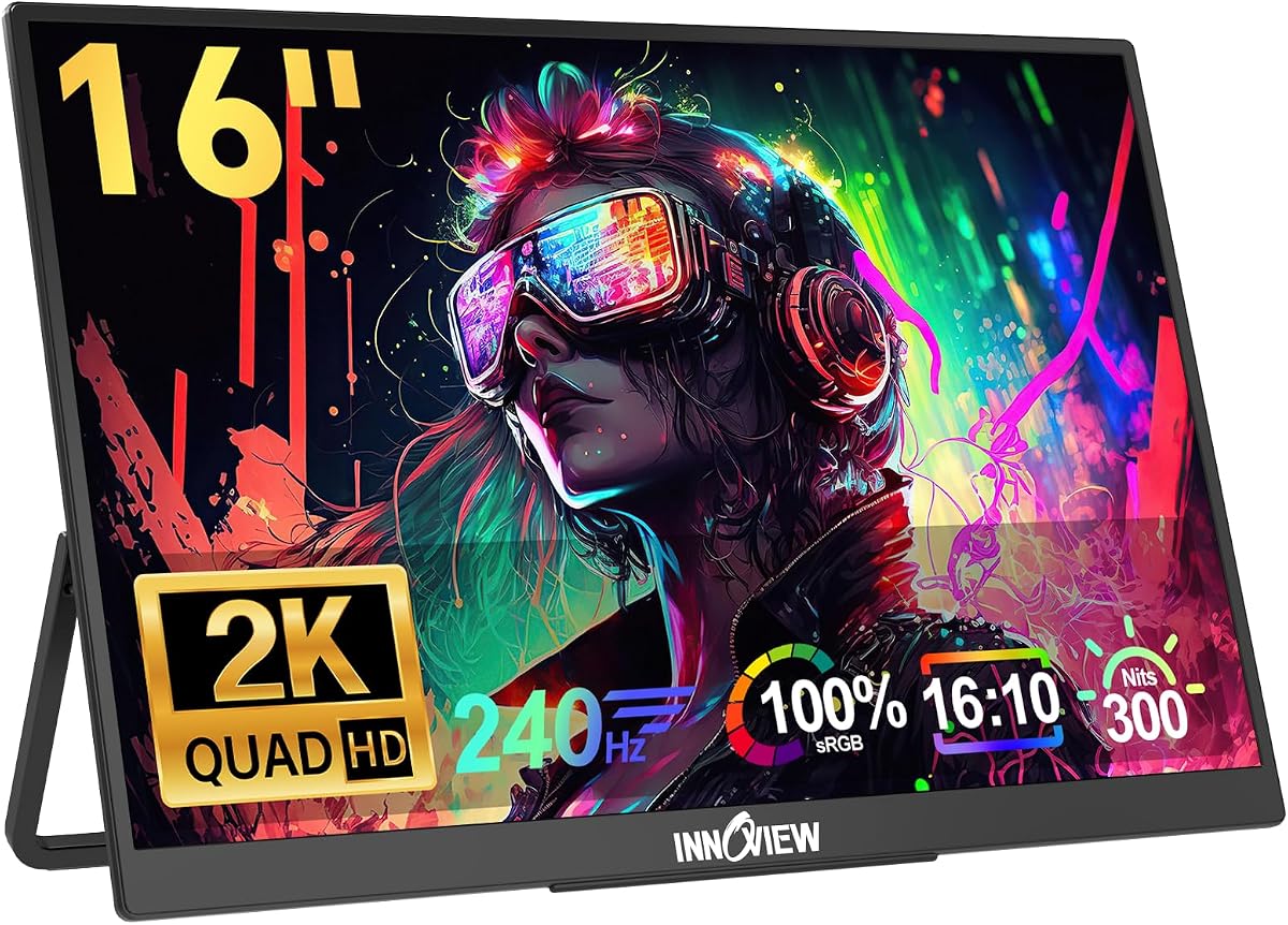16" 240Hz Portable Monitor 2K Support 120Hz/144Hz/165Hz/180Hz 2560x1600P 100% sRGB Portable Gaming Monitor Built-in Speakers 180° Adjustable External Monitor for Laptop PS5 Switch Xbox