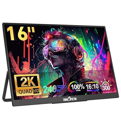 InnoView 16" 240Hz Portable Monitor 2K 2560x1600 100% sRGB Portable Gaming Monitor Laptop Monitors Built-in Speakers 180° Adjustable Type-C HDMI Laptop Screen Extender for Surface Pro PS5 Switch Xbox