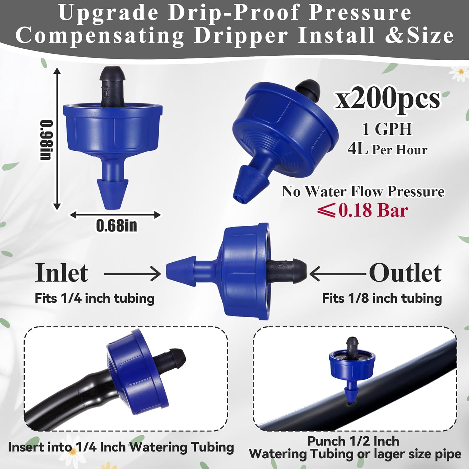 Upgrade Leak-Proof 200Pcs 1 GPH Pressure Compensating Drip Emitters, Constant Flow Drip Irrigation Emitters Spot Watering Drippers with Leakproof Water Pressure of 0.18 Bar for Irrigation Systems