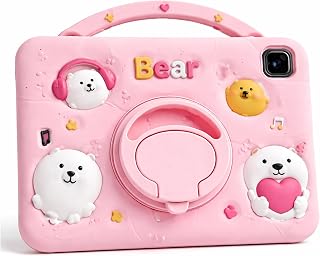 Coverzone Lenovo Tab M9 ile Uyumlu TB310FU Kılıf 360 Derece Döner Stand Yatay Dikey Kullanılabilir, Kawaii Askılı Tasarım Kalem Yuvası Özellikli Sevimli Pink-Bear Tasarımı