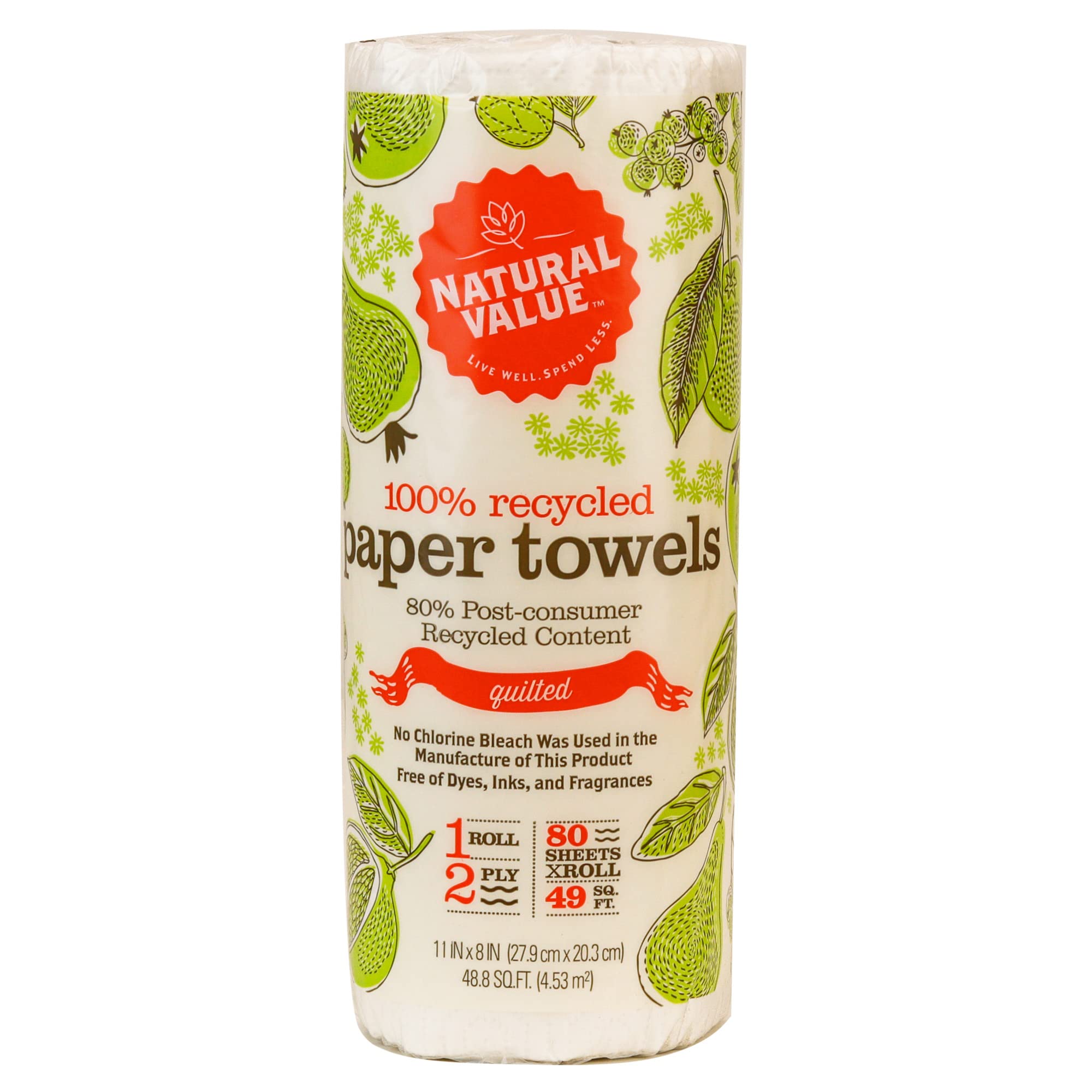 Natural Value 100% Recycled Paper Towels, Single Roll 2 ply Quilted Full sized Sheets, 80 Sheets (4 Pack), No Dyes, Ink, Frangrance, No Chlorine