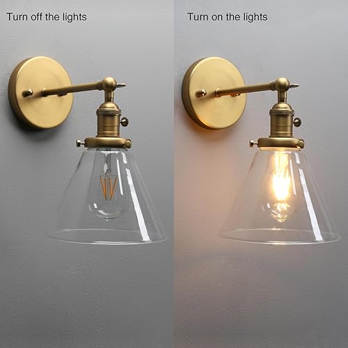 Miniatura 5 de 1 lámpara de pared vintage nostálgica con embudo de vidrio acampanado, pantalla de vidrio transparente, bombilla de filamento Edison incluida,