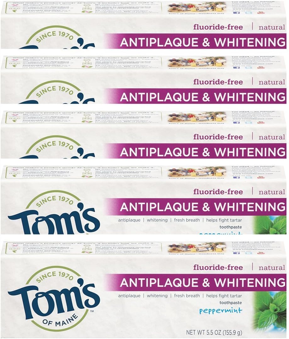 Tom's of Maine Tom's of Main Antiplaque & Whitening Fluoride Free Peppermint Toothpaste 5.50 oz (Pack of 5)