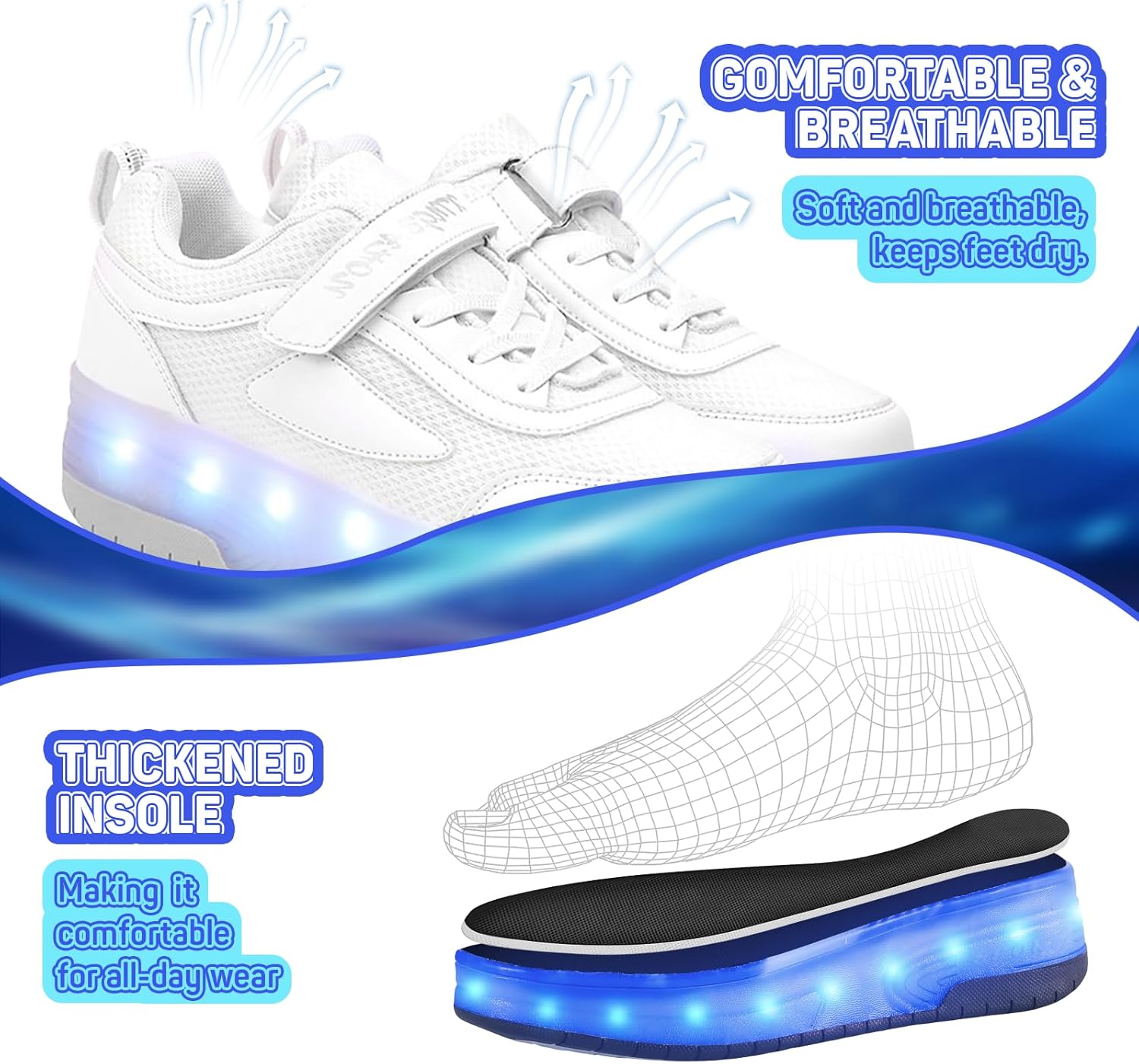 Kids Shoes with Wheels - 4 in 1 Light-Up Roller Shoes with USB Rechargeable LED Sneakers for School Christmas Party Gifts