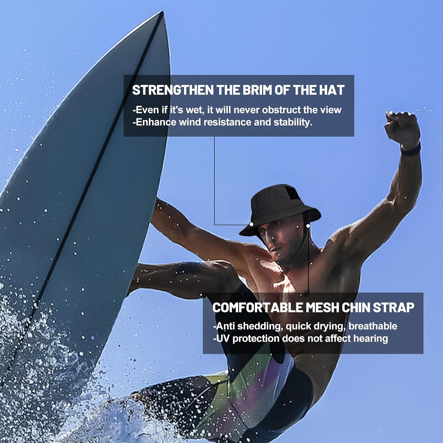 Seektop Surf Bucket Hat with UPF 50+ UV Protection, Waterproof Surfing Hat | Windproof Foldable Sun Hat with Adjustable Chin Strap, Sun Protection Lightweight, Breathable for Water Sports, Men & Women