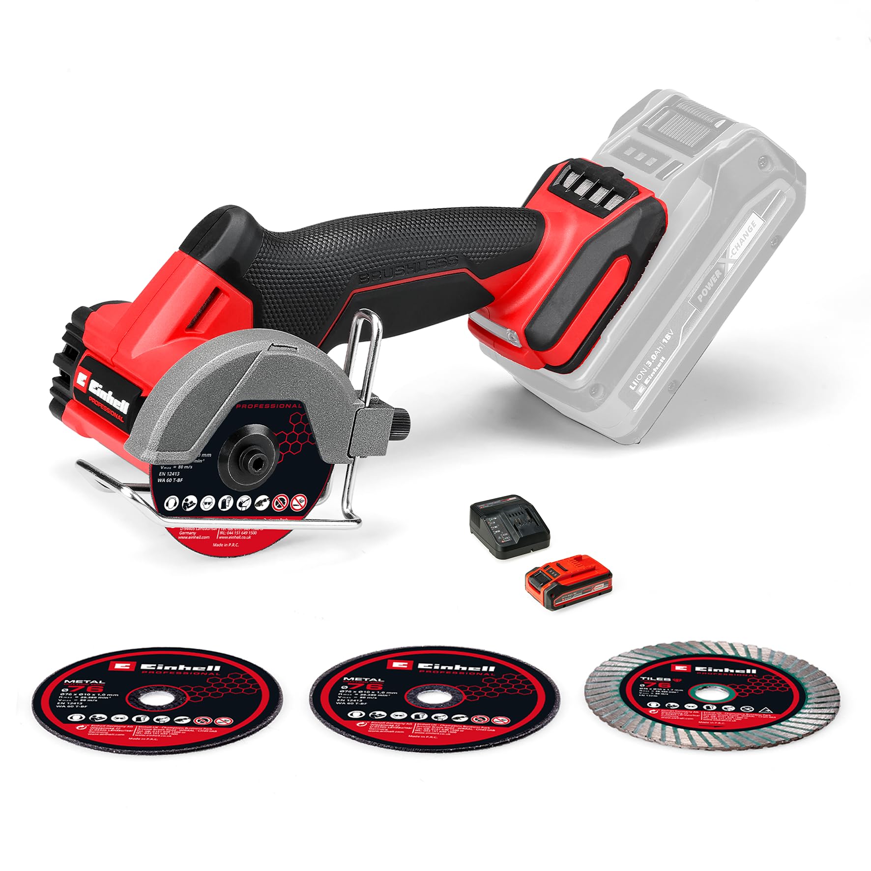 Einhell Professional Akku-Trennschleifer TP-CO 18/76-C Li BL (18 V, 76 mm Scheiben-Ø, 16 mm Schnitttiefe, Tiefeneinstellung, Inkl. 4x Trennscheibe, inkl. 4,0 Ah PLUS Akku & Ladegerät)