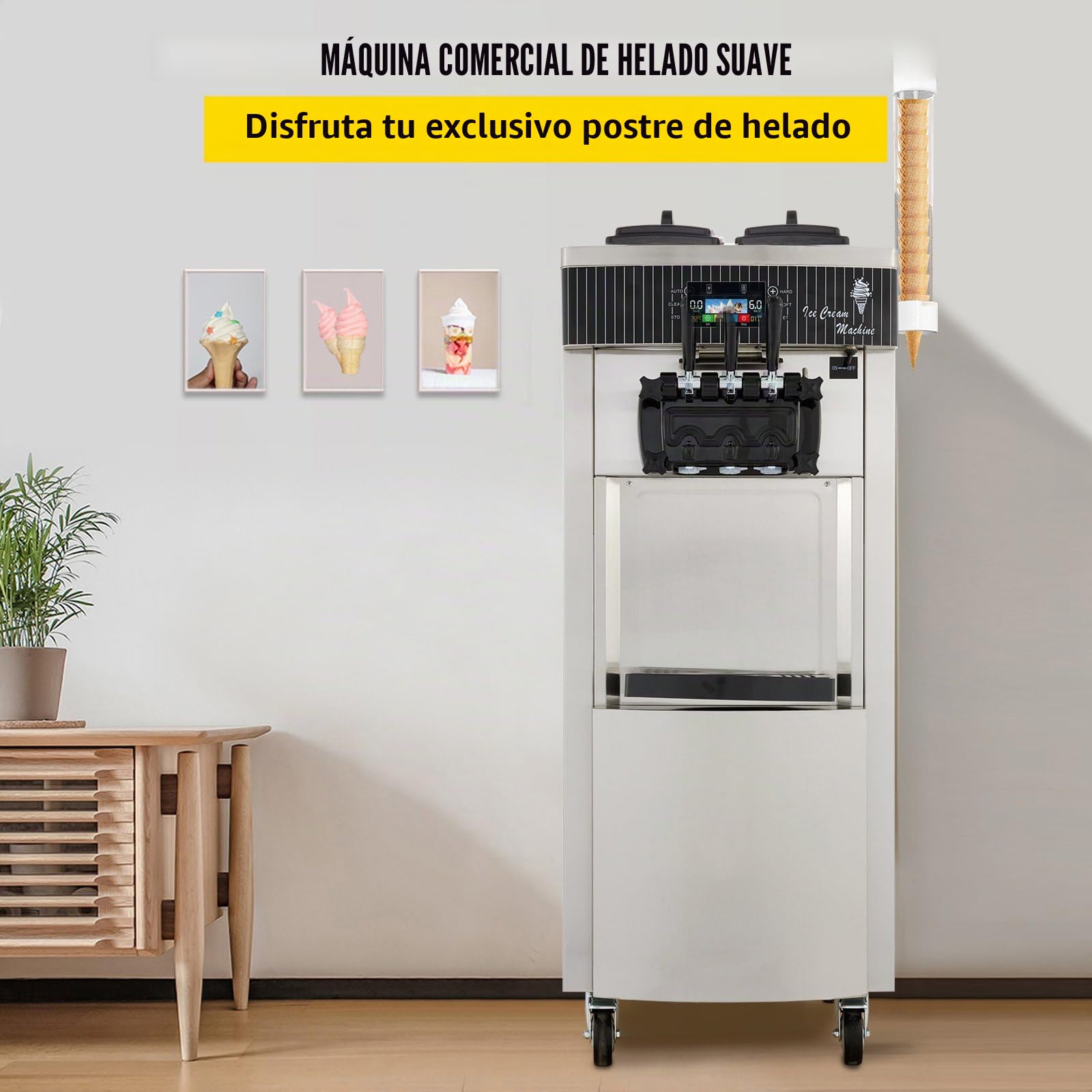 Máquina de helado comercial 20-28L/h 2200W 3 sabores, máquina de helado italiana tolva, panel LED de limpieza automática, refrigeración de noche, para yogur café Snack-Bar