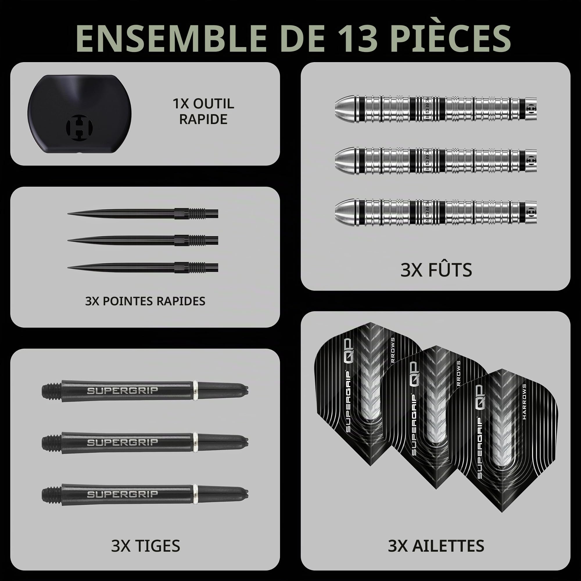 Harrows Jeu de fléchettes SuperGrip QP coniques 90 % tungstène | Ensemble de fléchettes avec pointe en acier avec système de changement de pointe rapide | 22 g, 23 g, 24 g, 26 g, 28 g et 30 g |