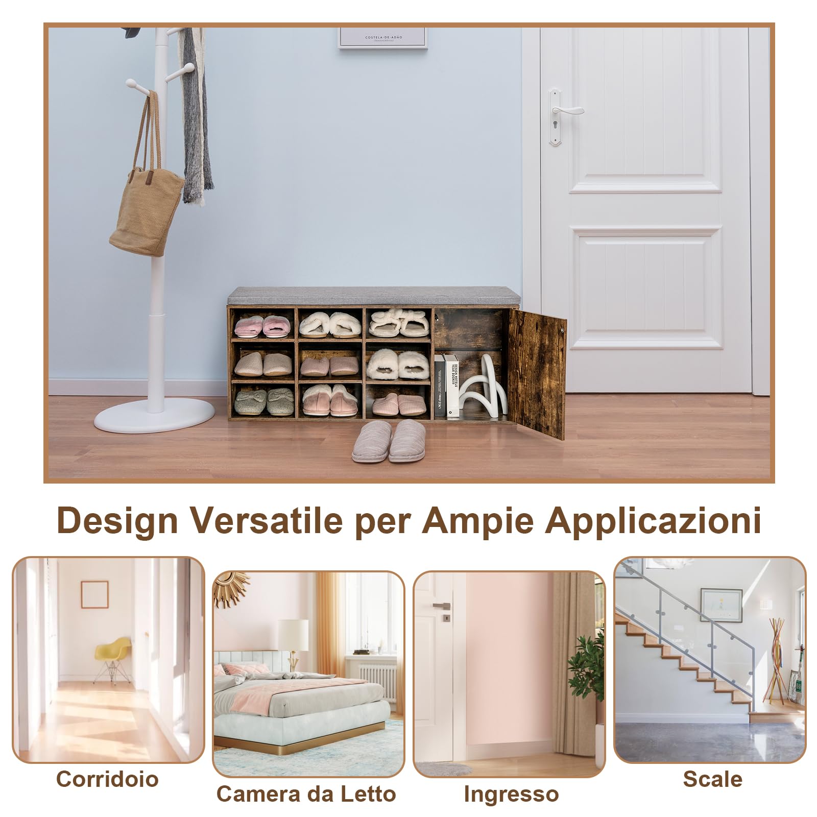 COSTWAY Panca Scarpiera da Ingresso, Scarpiera con Seduta Imbottito, 9 Scomparti e Armadio con Ante, Panca Contenitore con Ripiani Regolabili, per Camera da Letto Corridoio, 110,5x30x49 cm (Marrone)