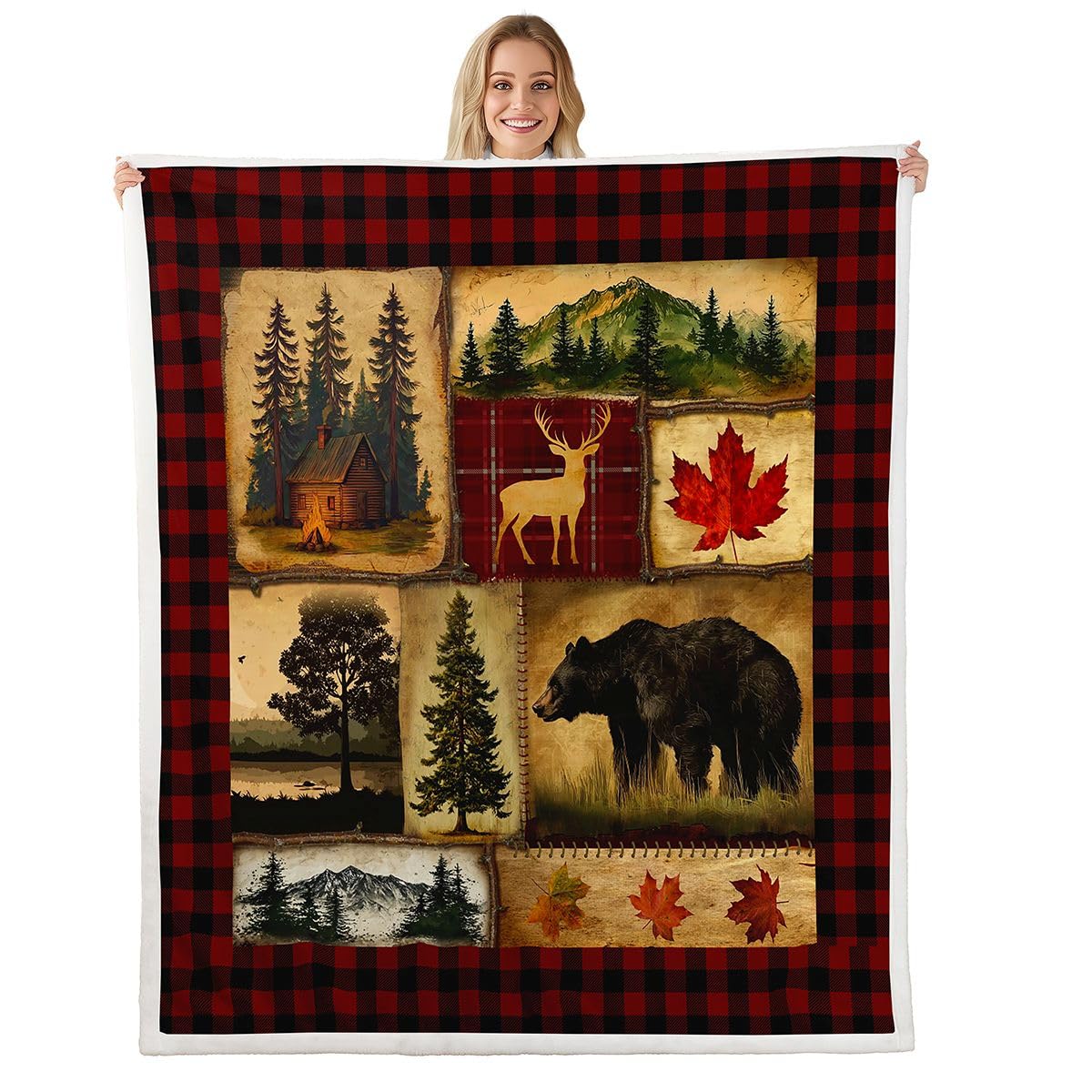 Bear Cabin Plaid Coperta Queen, Rustica Fattoria Coperta in Pile Coperta Retrò Caccia Cervo Coperta Country Woodland Pine Tree Fuzzy Blanket Foglia d'Acero Lodge Decor Sherpa, Rosso Nero Marrone