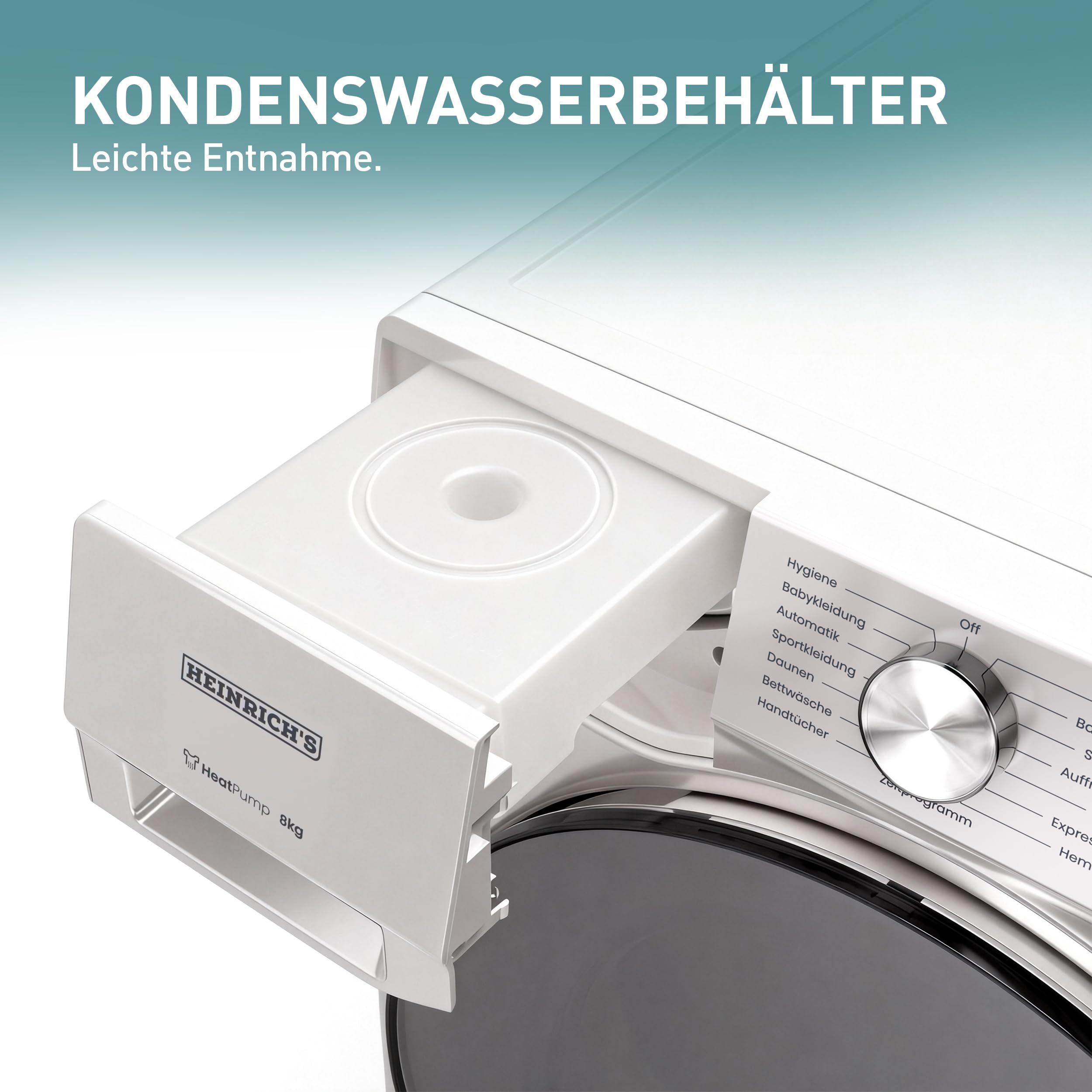 Heinrich´s Wärmepumpentrockner, 8 kg, Frontlader, Schnelltrocknung, 15 Programme, Sensor Trocknung, LED-Display & Drehregler, Edelstahl-Schontrommel, schlankes Design, weiß
