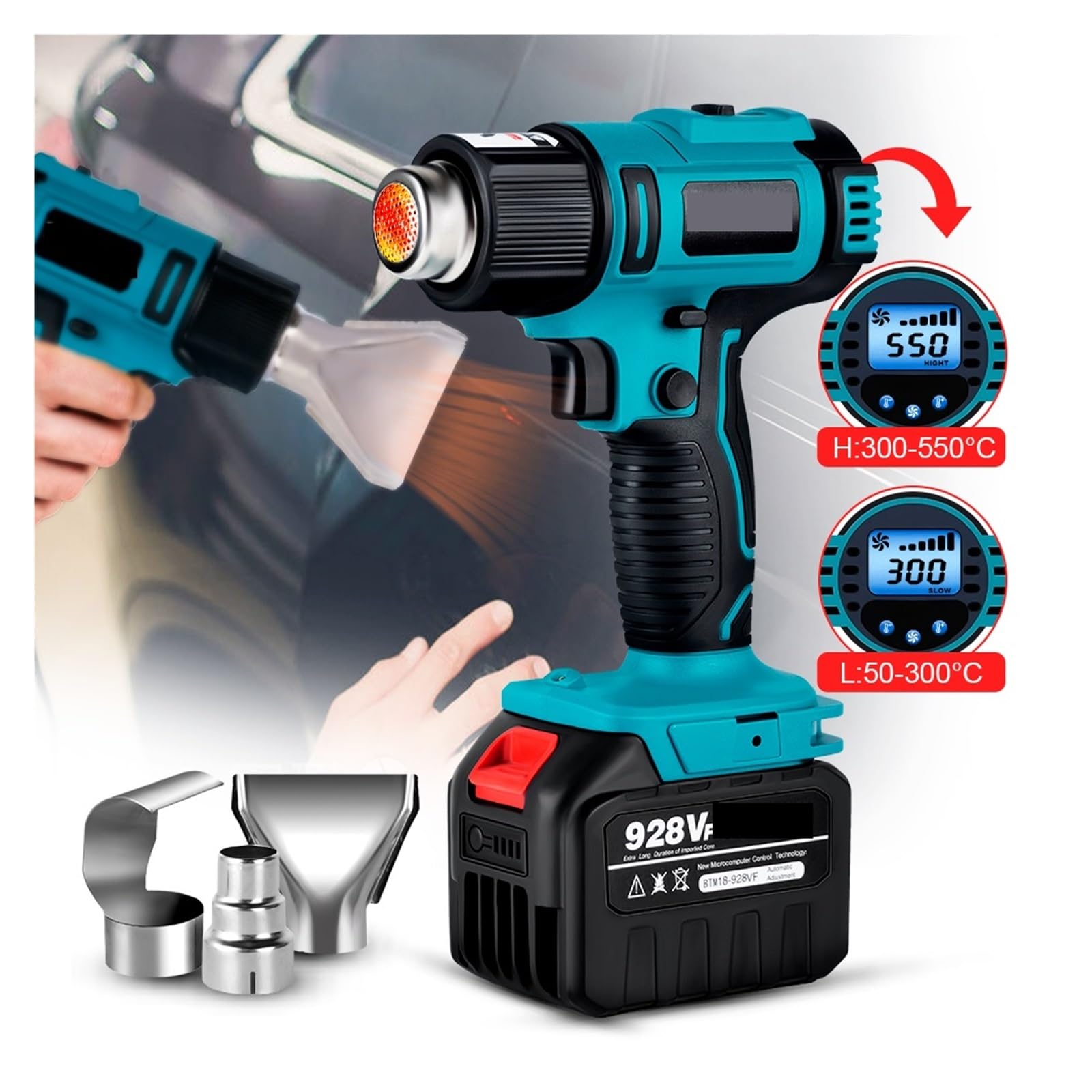 550℃ Wiatrówka O Mocy 2500 W 2 Biegi Prędkość Wiatru 6 Biegów Opcjonalny Wyświetlacz LED Bezprzewodowa Opalarka Na Akumulator 18 V Mocne, Szybkie Nagrzewanie(1 Battery option 3)