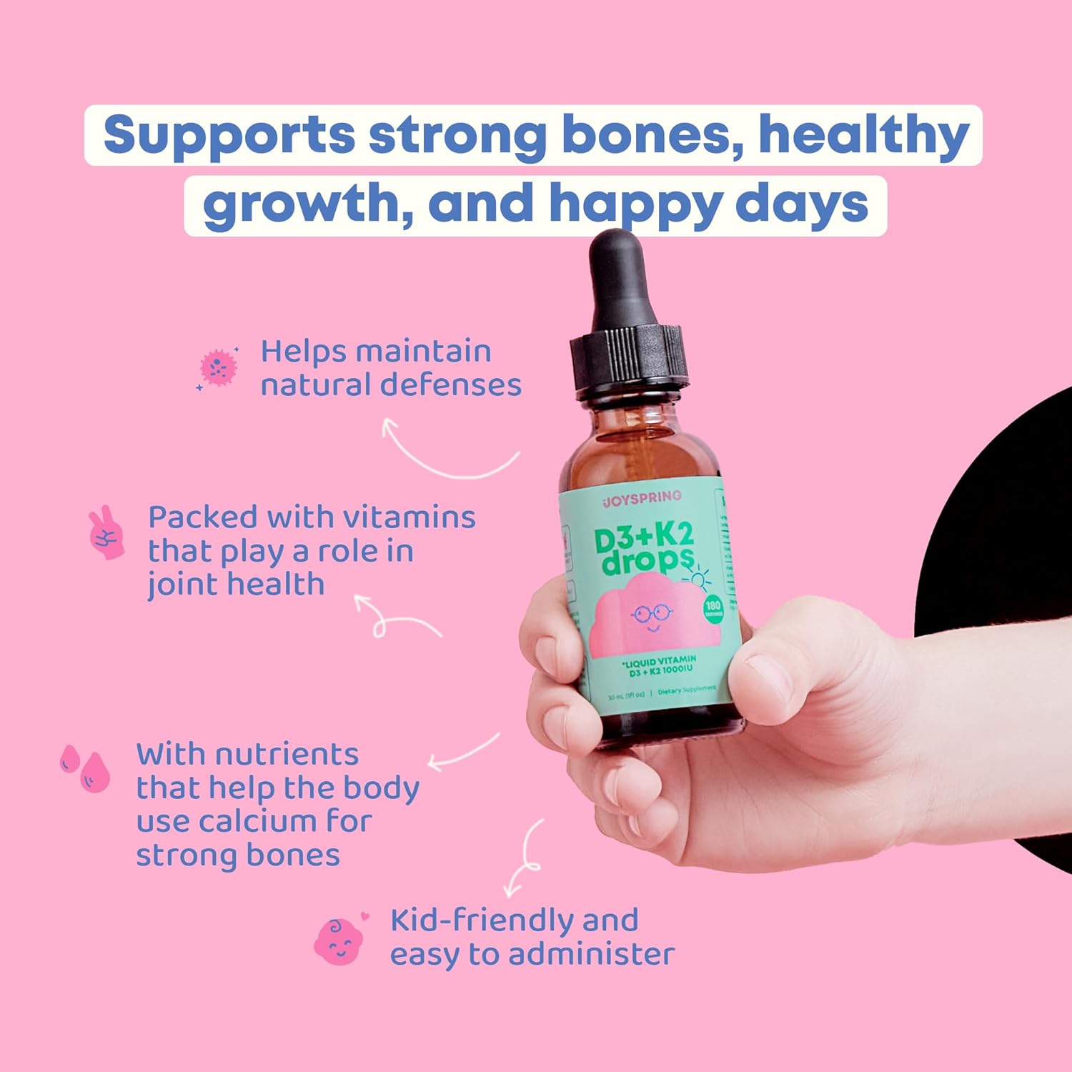 JoySpring Vitamin D3 Kids Drops with K2 – Liquid Supplement for Calcium Absorption & Joint Health – 360 Servings (2 fl oz) – Vitamin D Kids Ages 3-18