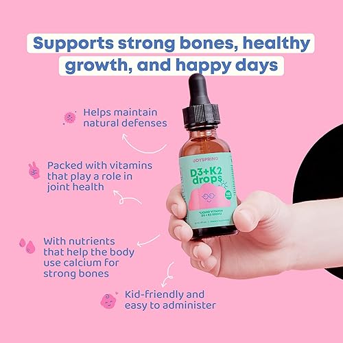 Miniatura 5 de JoySpring Vitamina D3 Kids Drops con K2  Suplemento líquido para absorción de calcio y salud articular  360 porciones (2 fl oz)  Vitamina D para
