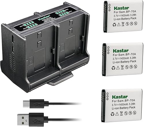 Kastar Paquete de 3 baterías BP-70A y cargador cuádruple compatible con batería Samsung BP-70A BP70A, Samsung ST94, ST95, ST96, ST6500, TL105,