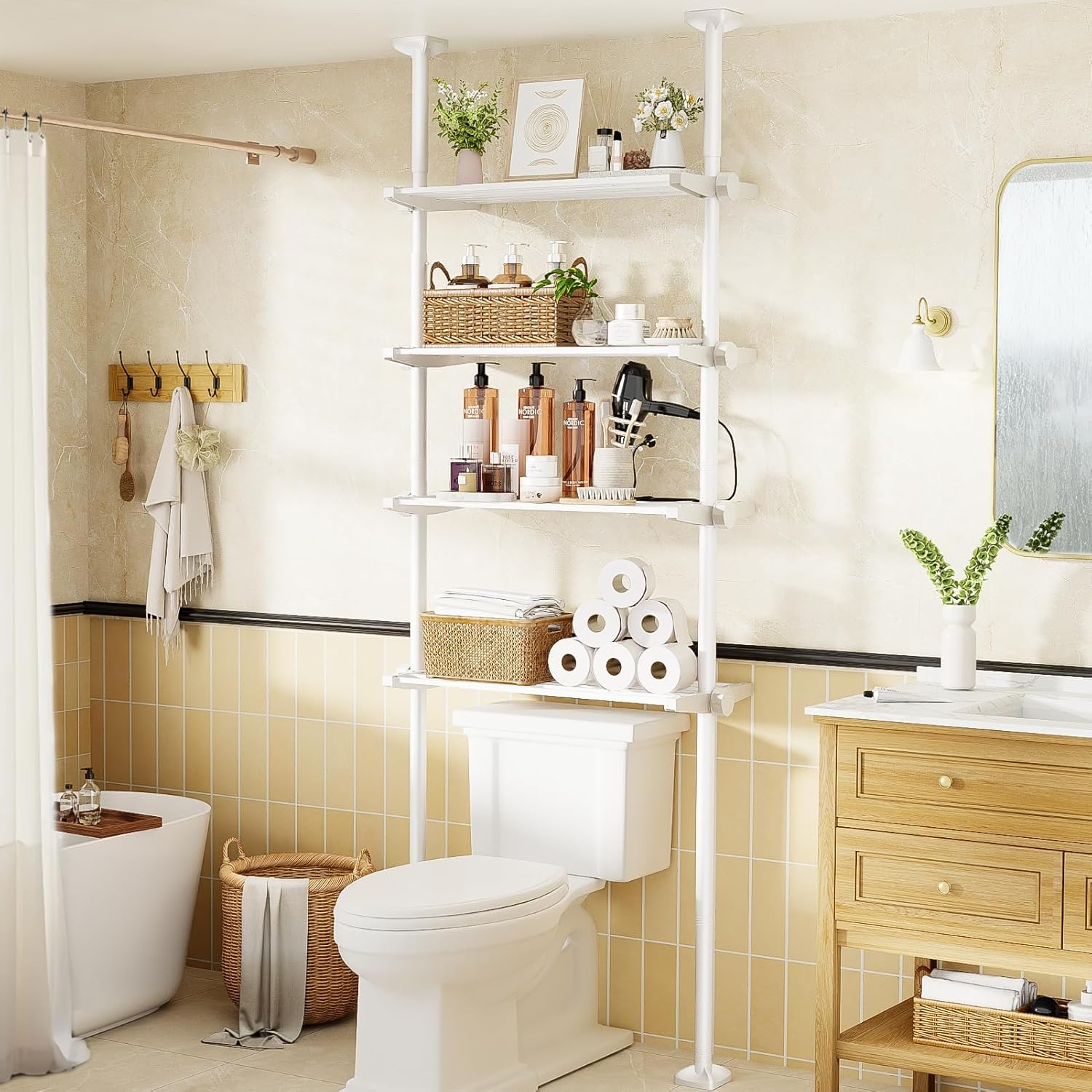WELDUN Toilet Shelf 4 Tier Bathroom Shelf Over Toilet Space Saving Washing Machine Rack Bathroom Organizer White