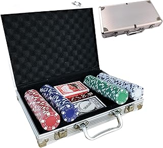 FONDUO Set di gettoni da Poker, di alta qualità, il set di gettoni, include 1 scatola per etichette in lega di alluminio, 200 getti, 2 paia di poker 5 dati