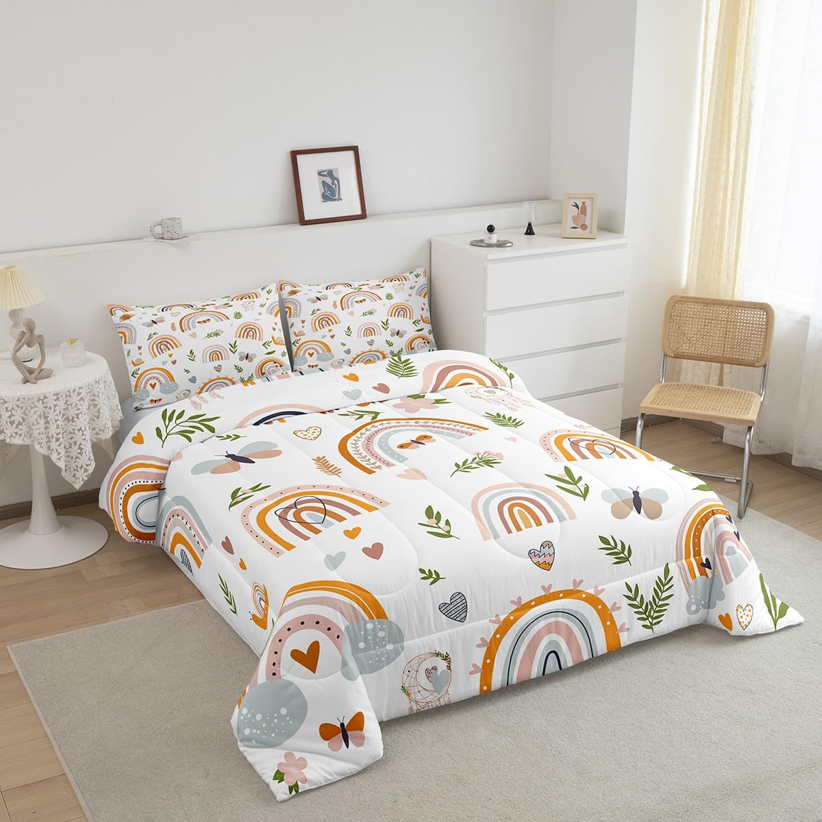 Feelyou Rainbow Comforter Set Twin Size with 1 Pillow Case Colorful Stripes Comforter Boho Rainbow Bedding Set Butterfly Quilted Duvet Set for Kids Adults