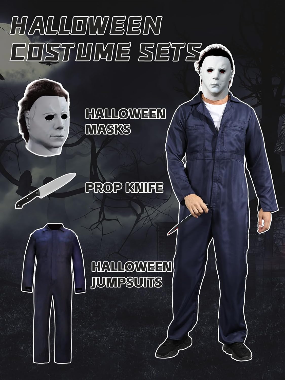 Blue Jumpsuit for Men and Boy,Halloween Cosplay Coveralls Costume with Mask and Prop Knife - Image 2