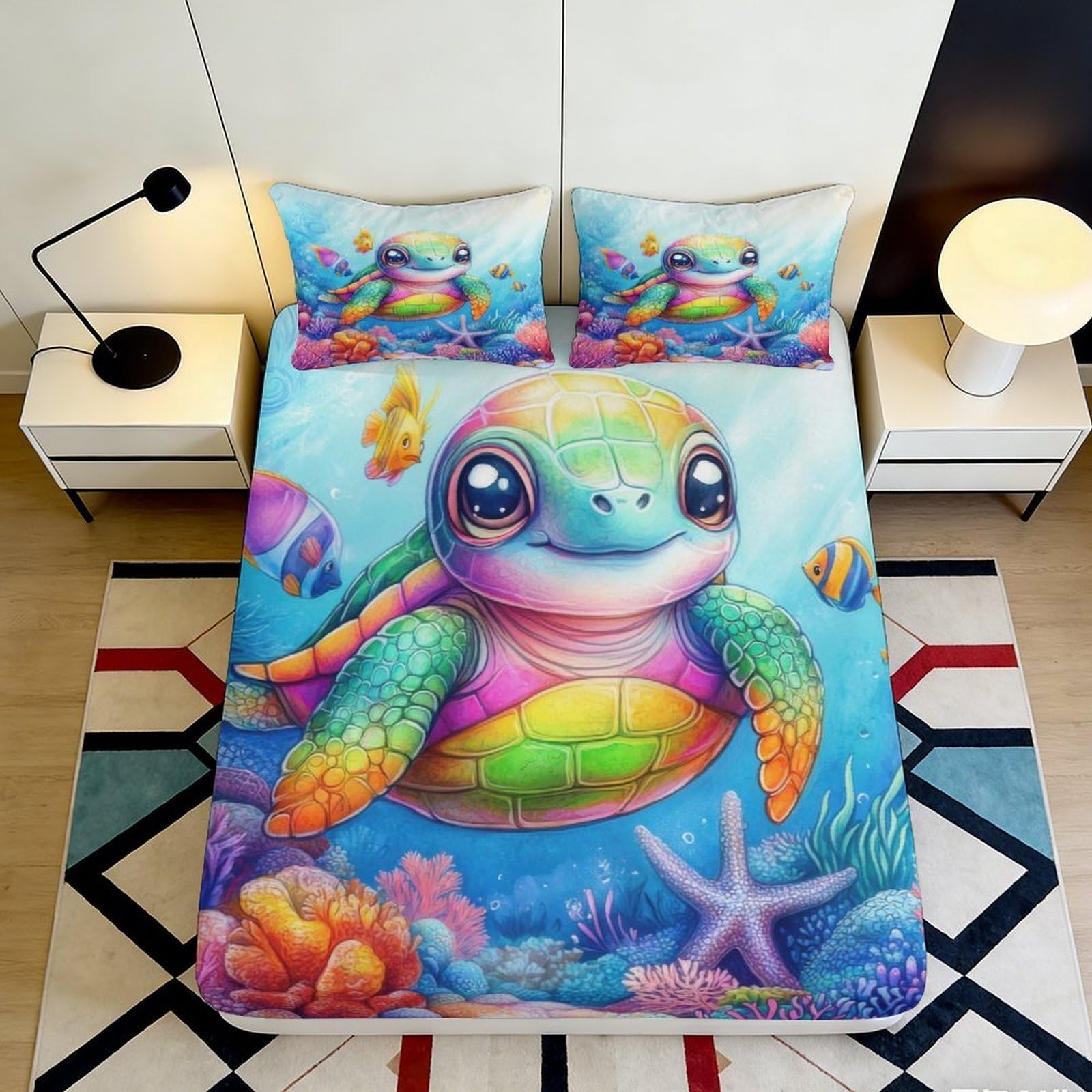 3D Printed Turtle Theme Fitted Sheet Microfiber Deep Pocket Non-Slip Ocean Mattress Fitted Cover Bedroom Bedding 200x200x25cm 90x200x25cm
