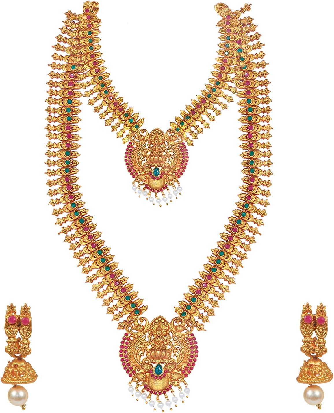 Shining Jewel - By Shivansh Bodha Traditional Indian Antique Gold Plated Temple Jewelry Bridal Combo Set with Long Mala, Short Necklace, Pearls & Jhumka Earrings for Women (SJ_2944)