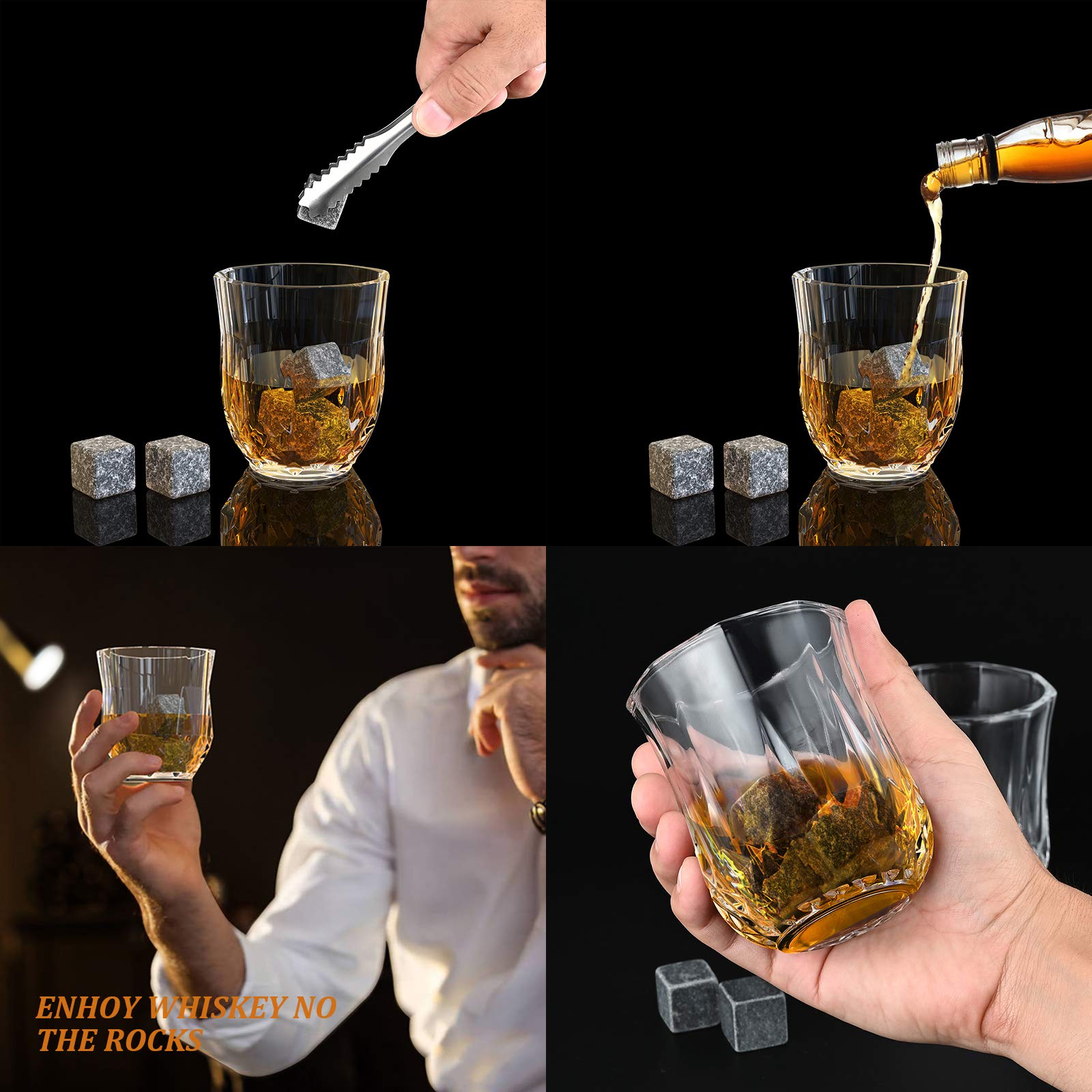 Set Di Bicchieri Da Whisky Con 8 Pietre Da Whisky, 2 Bicchieri, 2 Sottobicchieri E Pinze, Cubetti Di Ghiaccio Riutilizzabili, Set Regalo Per Whisky Da Uomo