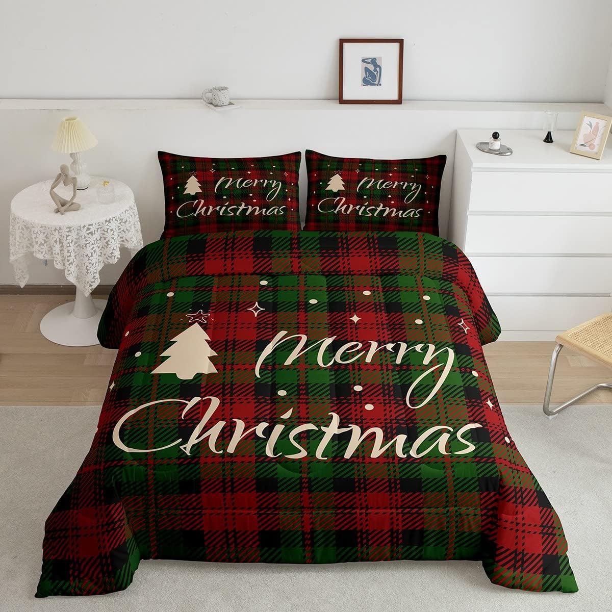 Merry Christmas Quilt Set Full Size,Red Green Geometric Plaid Comforter Set for Room Decor,Xmas Pine Starry Bedding Set New Year Gifts Duvet Insert 3pcs,2 Pillowcases (CYJS4309ZMD-BZ_USF)