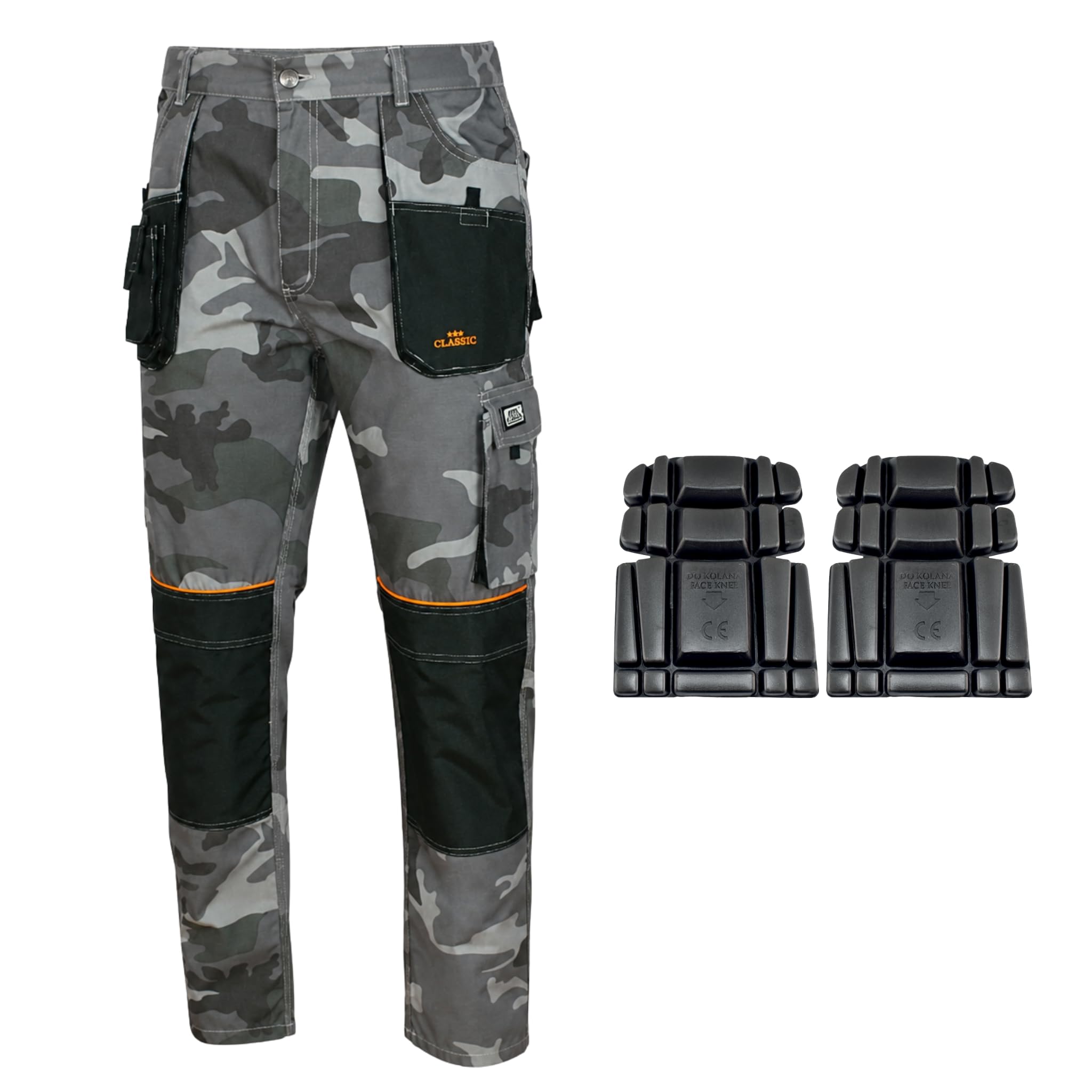ART.MAS Grey Camou Combat Trousers, Men’s Cargo Pants, Camouflage Workwear, Triple Stitched Cordura Reinforcing Stress, 2X Knee Pads Included (36/38, with kneepads)