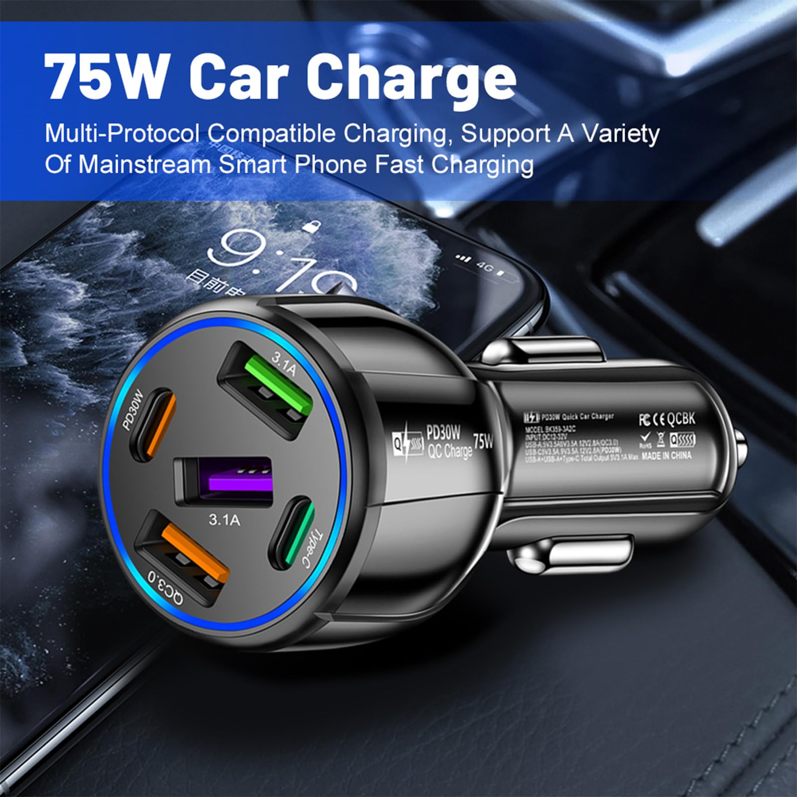 Verbessertes Kfz-Ladegerät USB C mit 5 Ports, 75 W Zigarettenanzünder-Adapter mit Typ-C und QC 3.0 ultraschnellem Ladeanschluss, universeller Kfz-Ladeadapter für Navigator, Dashcam (schwarz)