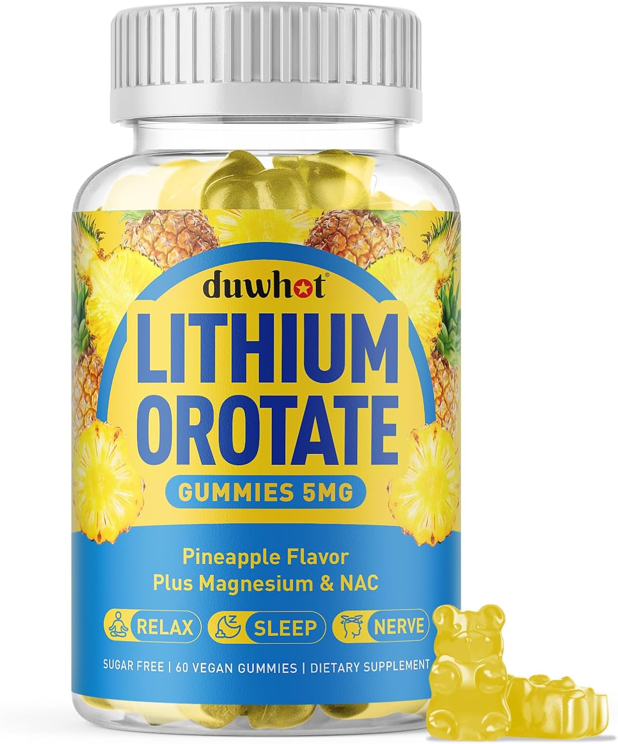 Lithium Orotate Gummies 5mg, Low Dose Lithium Supplements with Magnesium & NAC for Mood & Stress Relief, Gentle & Highly Absorbable, Sugar Free, Vegan, Pectin, Pineapple, 60 Chews