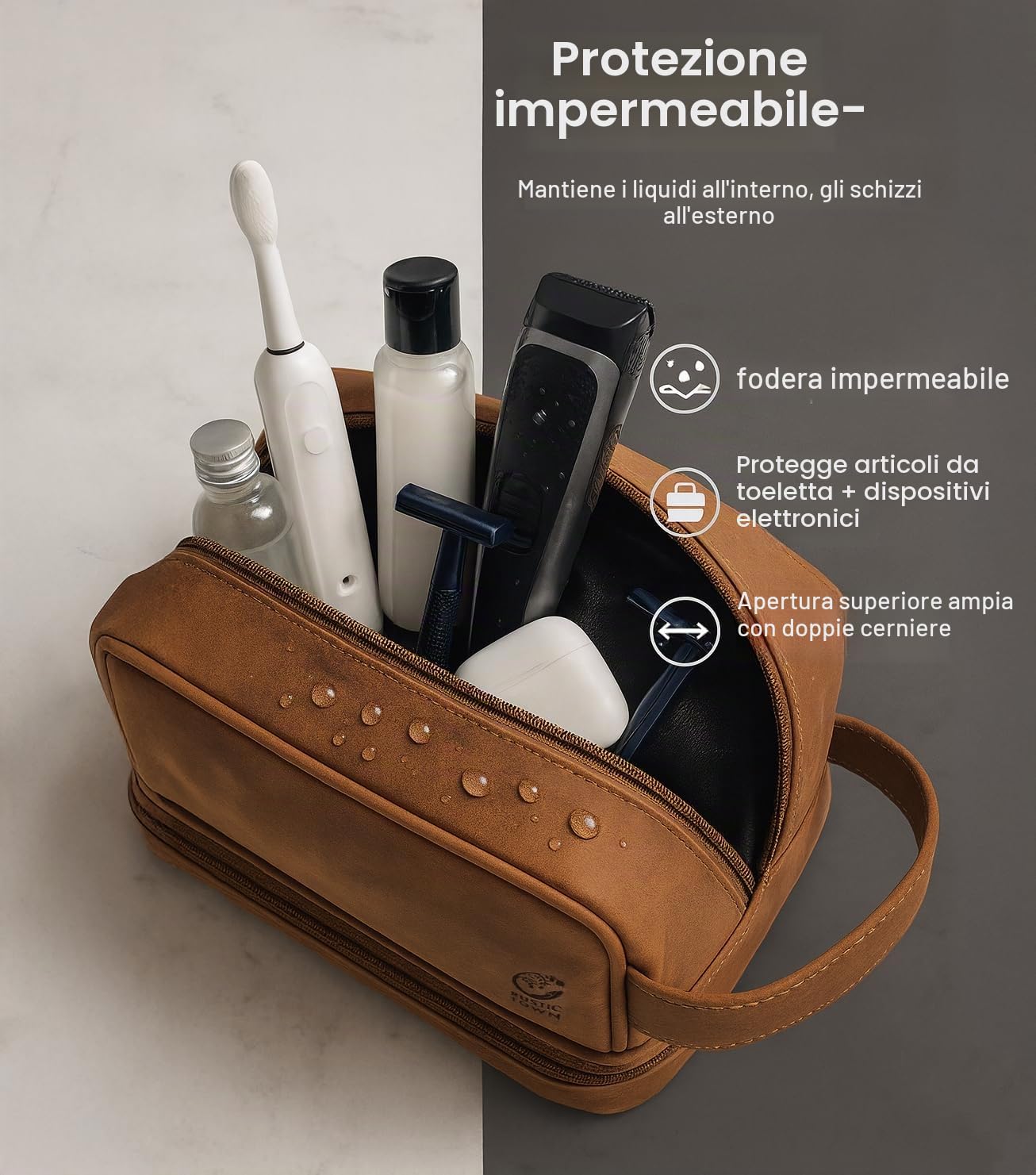 Beauty case da viaggio in vera pelle – organizer igienico Dopp kit Rustic Town