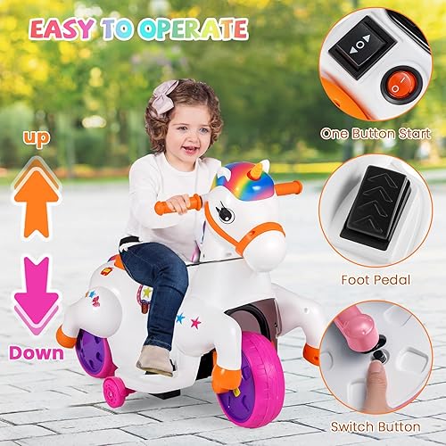 Miniatura 6 de HONEY JOY Juguetes de unicornio de 12 V, 3 ruedas, motorizado, con ruedas de entrenamiento, música, arriba y abajo, auto eléctrico de pony para