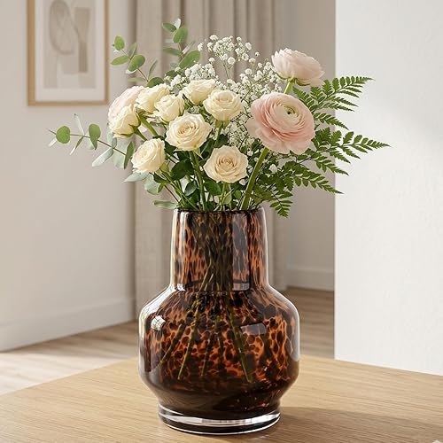 6.3in Amber Brown Glass Tortoise Shell Vase, Leopard Pattern Round Glass Vase, Wide Mouth for Flowers, Art Deco Mid Century Accent for Centerpieces, Coffee Table, Dining Table, Entryway, TV Console