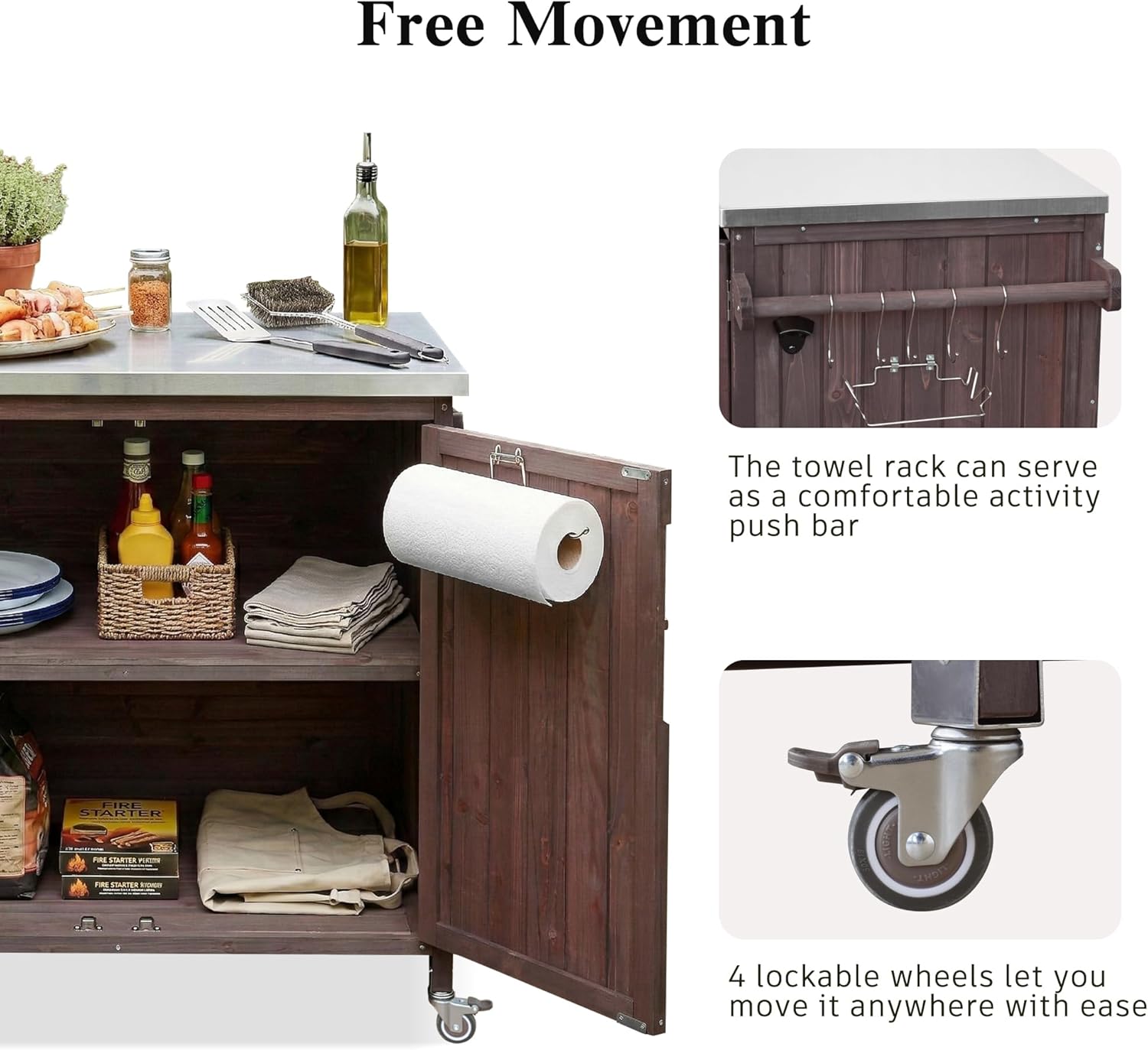 Amposei Solid Wood Grill Table Bar Cart with Stainless Steel Top 42’’ Outdoor Patio Kitchen Island BBQ Prep Station Garden Storage Cabinet on Lockable Wheels, Dark Brown