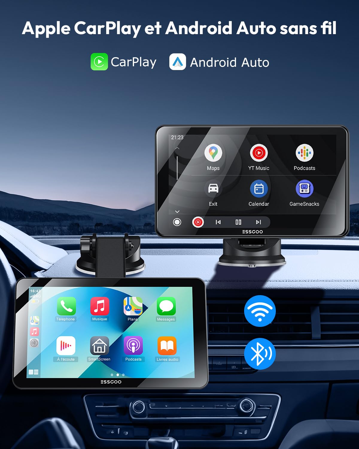 ESSGOO 7 Pouces Écran Voiture sans Fil avec Caméra de Recul,Compatible avec A-pple CarPlay & Android Auto,Supporte GPS,Siri & G-oogle Assistant,WiFi 5.8G/Bluetooth V5.3,FM,Adapté à Plusieurs Véhicules