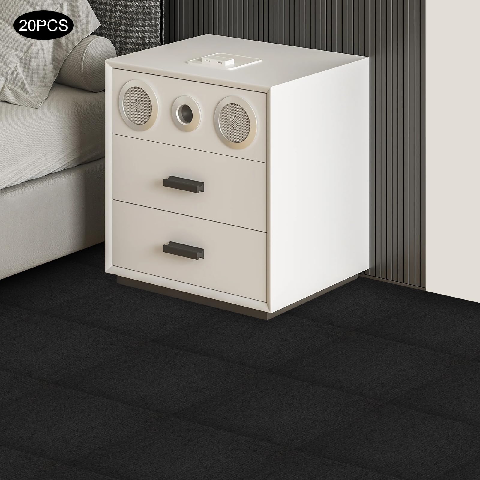 20 Stück Teppichfliesen 50x50cm Teppich mit Antirutsch-Rückseite, Antirutschmatte mit hoher Reibung, selbstklebende Teppichbodenfliesen, Frei Verlegbare, Weiche Polsterteppichboden (Schwarz)