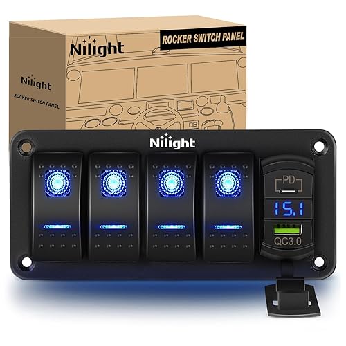 Nilight Panel de interruptor basculante de 4 bandas, retroiluminado azul con PD tipo C y cargador USB, voltímetro impermeable de 12 V 24 V CC,