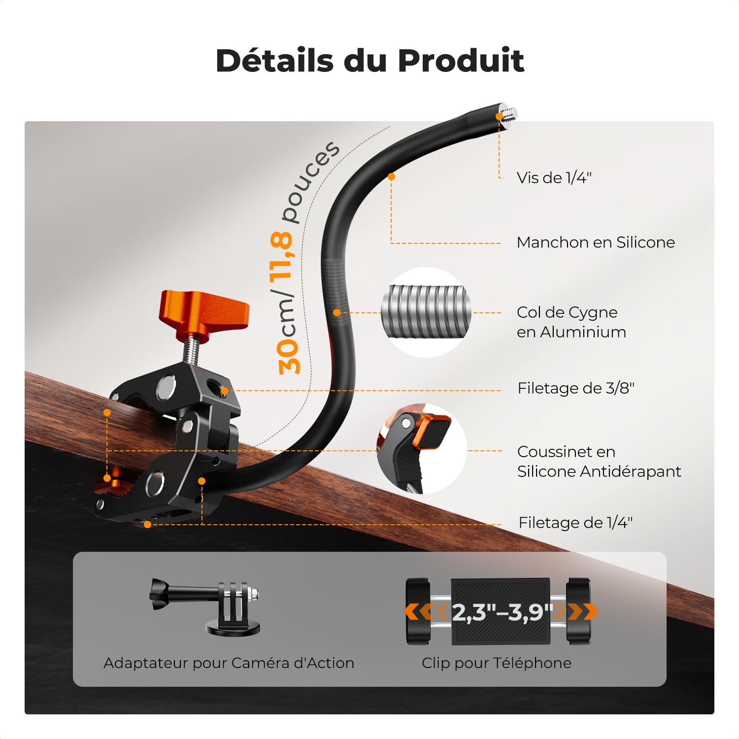 K&F Concept Super Clamp avec Bras Flexible 30 cm, Filetages 1/4" 3/8" | compatible caméra, lampe LED, microphone et accessoires photo - MS50