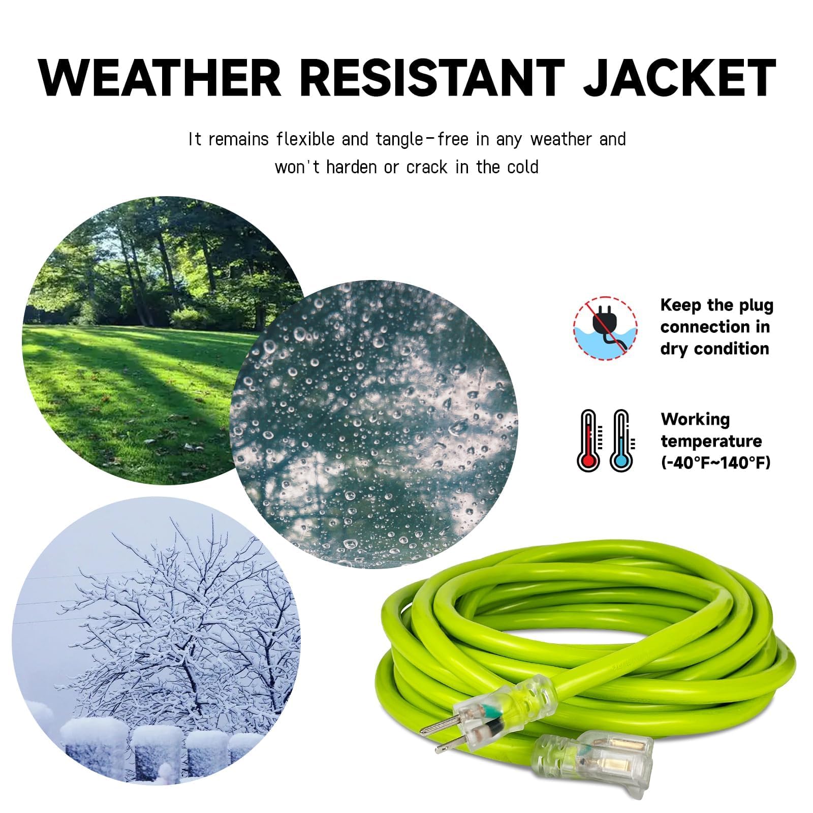 EP - Cable de extensión para exteriores iluminado de 30 pies, 10/3 SJTW, cable de extensión verde resistente con enchufe de tierra de 3 puntas para mayor seguridad, listado UL