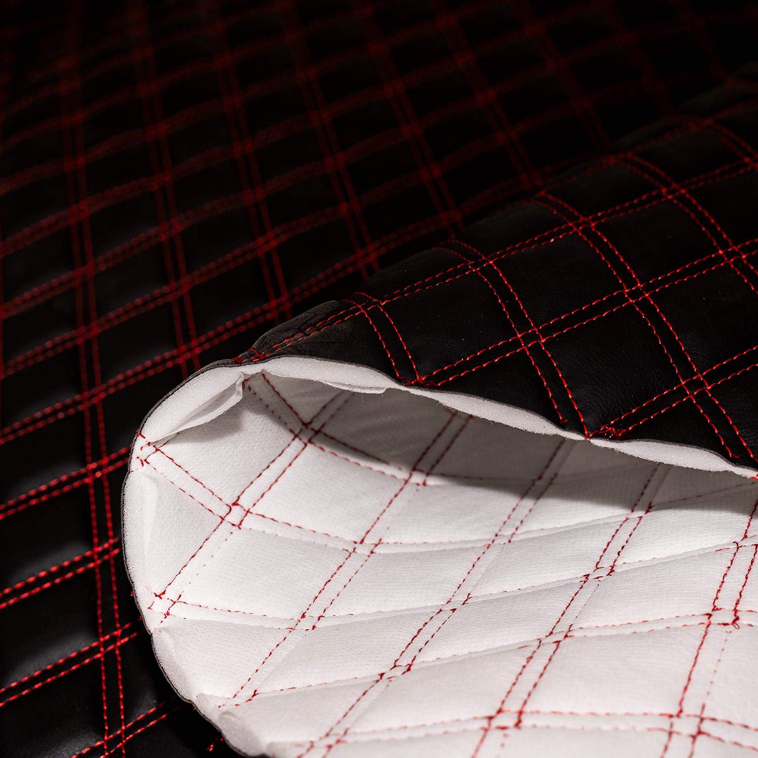 Double Stitch Diamond Bentley Car Quilted 6mm Scrim Foam Faux Leather Leatherette Upholstery Fabric by The Metre - Black with Red Stitching